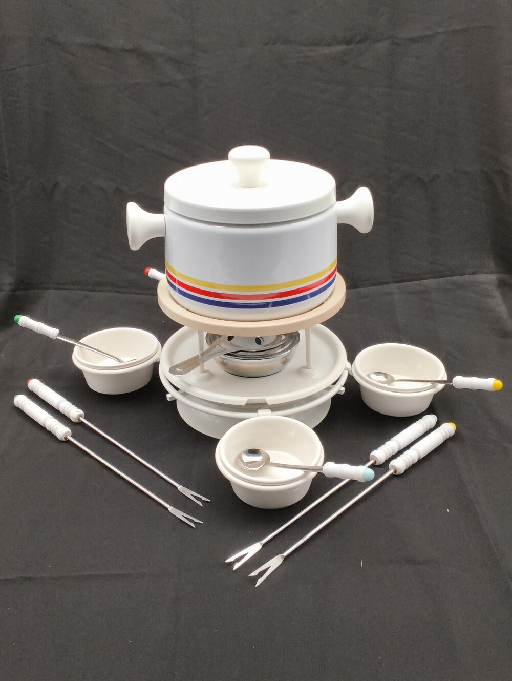 Vintage French Aubecq White Multi-Color Striped Fondue Set